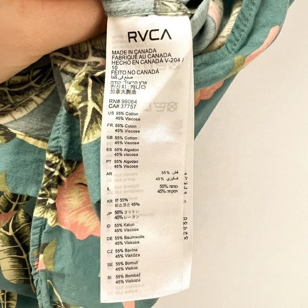 RVCA Tropical Hawaiian Shirt Green Floral Print Short Sleeve Button Down Shirt L